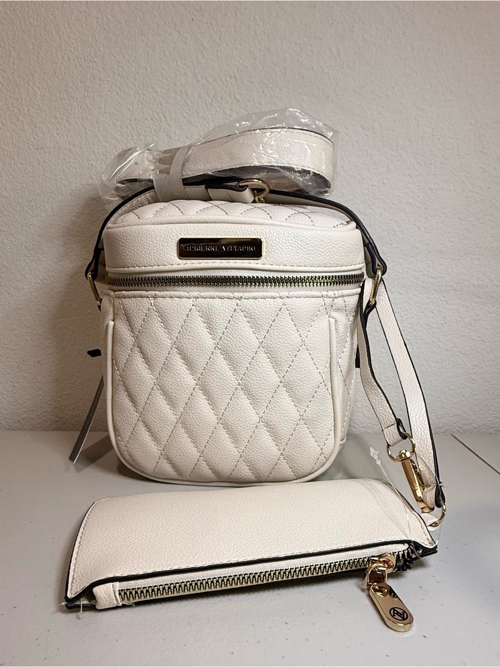 Adrienne Vittadini White Quilted Crossbody with Zip Pouch